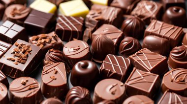 Çeşitli dekoratif malzemeli çeşitli gurme çikolataların yakın çekimi