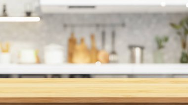 Bulanık Mutfak Arkaplanı ve Mutfak Malzemeleri ile Ahşap Tezgah