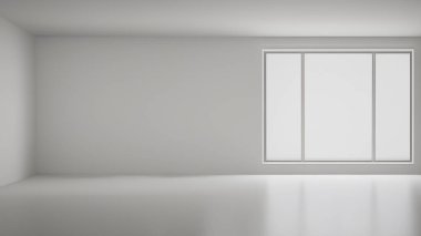 Geniş Pencereli ve Pürüzsüz Zeminli Parlak Minimalist Beyaz Oda