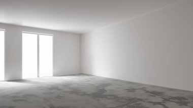 Yumuşak Doğal Aydınlatma ve Beton Döşemeli Parlak Minimalist Odanın Geniş Açı Görünümü