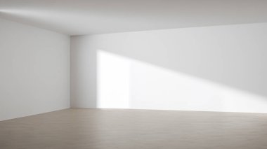 Boş Minimalist Beyaz Oda 'nın Geniş Açı Görünümü veya Doğal Yumuşak Işık ve Gölgeler Stüdyosu