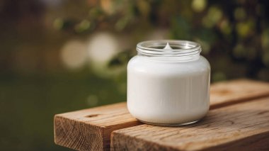 Kırsal Ahşap Yüzeyde Beyaz Kremalı Cam Kavanoz, Yenilebilir veya Kozmetik Kullanıma Uygun