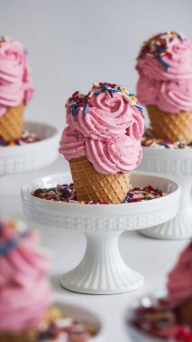 Seramik tezgahına serpiştirilmiş pembe dondurma külahı.