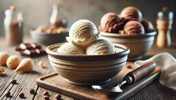 Klasik vanilya ve çikolatalı dondurma. Kırsal kaselerde doğal odaklı.