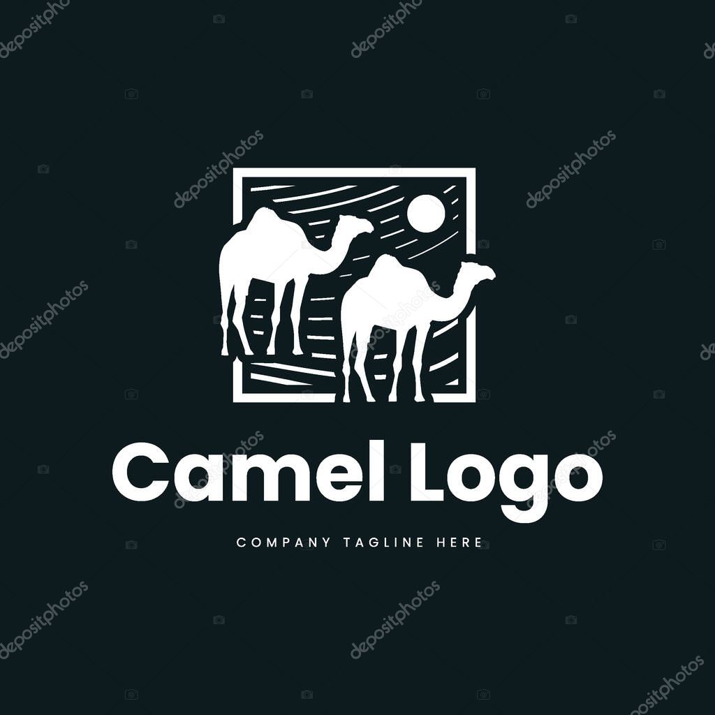 Camel Desert logo symbol, 2 camel in desert sun on top arounded with square