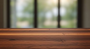 Modern ofis veya restoranın bulanık arka planına sahip boş ahşap masa