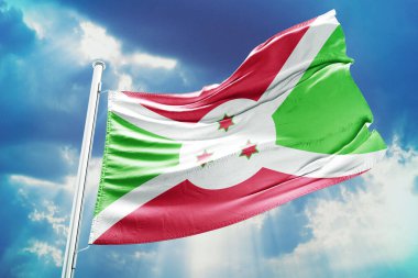 Burundi bayrağı mavi gökyüzü arkaplanı, 3 boyutlu illüstrasyon