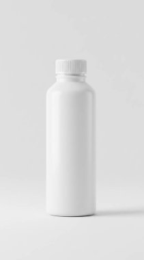 Gri arkaplandaki beyaz şişenin 3 boyutlu görüntüsü.