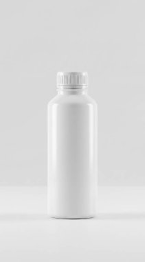 Gri arka planda beyaz ilaç şişesi.