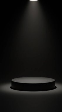 Podyum siyah duvarda ışıkla duruyor. 3D görüntüleme. 3d illüstrasyon