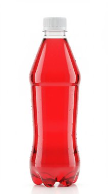 Beyaz üzerine izole edilmiş kırmızı plastik meyve suyu şişesi.