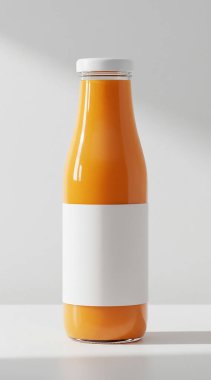 Gri arka planda etiketi olan boş portakal suyu kavanozu.