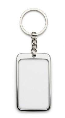 Beyaz zemin üzerinde gümüş zincir olan boş metal anahtar