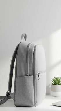 Şık bir ofis masası, gri arka planda dizüstü bilgisayar ve sırt çantası. geri dön