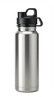 Paslanmaz çelik termos şişesi beyaz arka planda izole edilmiş..