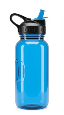 Mavi plastik termo matara, sapı beyaz arka grupta izole edilmiş.