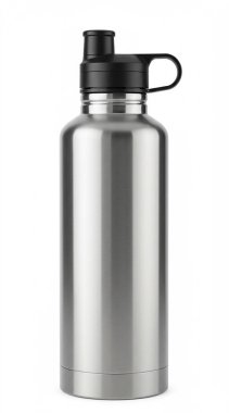 Beyaz arka planda alüminyum termos. termo matara