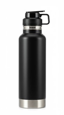 Beyaz arkaplanda siyah termo matara.