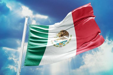 Rüzgarda dalgalanan Meksika bayrağı, bulutlu bir arka plan. 3d illüstrasyon