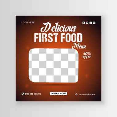 Lezzetli burger ve ilk yemek menüsü sosyal medya paylaşımı. Taze Pizza, hamburger ve makarna çevrimiçi tanıtım broşürü veya poster tasarımı.