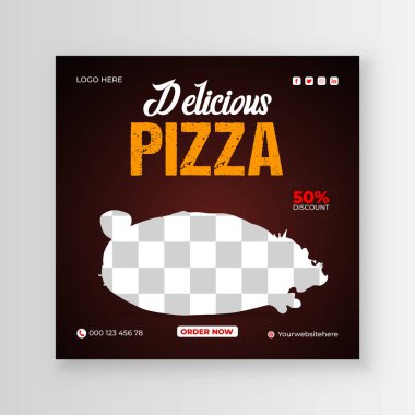 Lezzetli burger ve ilk yemek menüsü sosyal medya paylaşımı. Taze Pizza, hamburger ve makarna çevrimiçi tanıtım broşürü veya poster tasarımı.