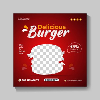Lezzetli burger ve ilk yemek menüsü sosyal medya paylaşımı. Taze Pizza, hamburger ve makarna çevrimiçi tanıtım broşürü veya poster tasarımı.