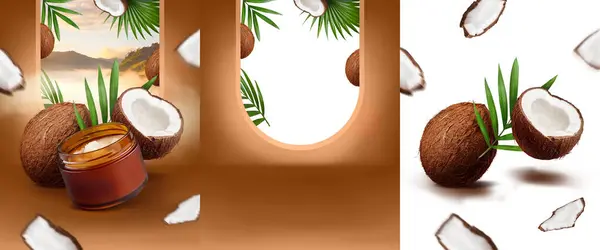 Maska Krém Sklenice Displej Kosmetický Produkt Hnědé Pozadí Kokosový Png — Stock fotografie