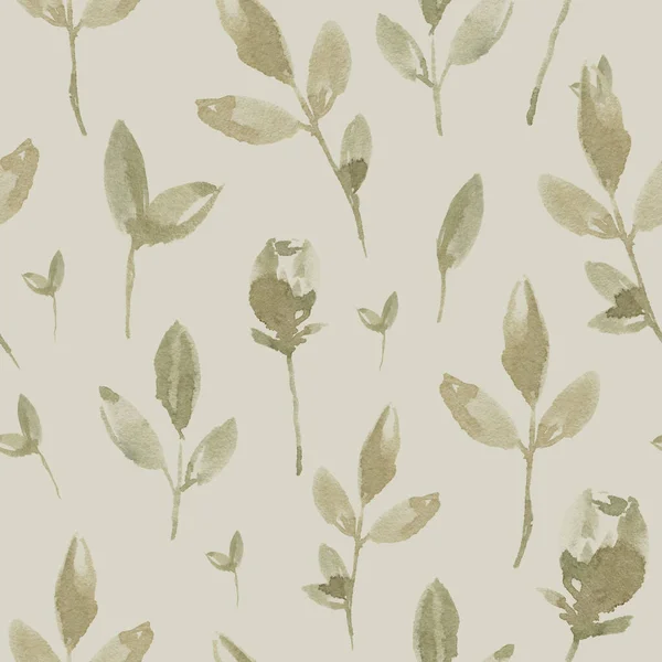 Watercolor botanical seamless pattern with roses, stems and leaves on dark background in light beige green colors. Perfect for wallpaper, card, fabric, book covers, stickers