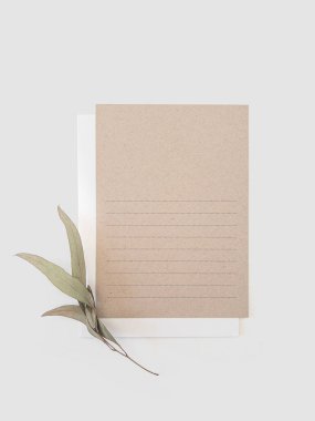 Üzerinde okaliptüs olan kart maketi zarflı dallar bırakır. Davetiye için boş tebrik kartı, teşekkür ederim ya da tebrik kartı. Düz yatış, üst görünüm