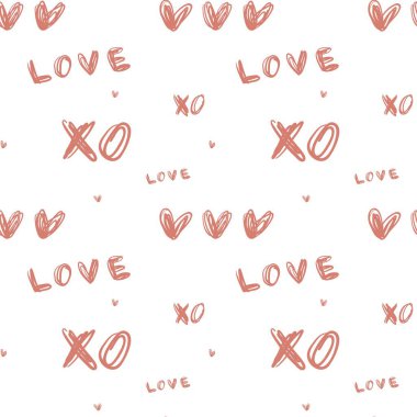 Valentine 'ın kalp çizgisi aşk sözcükleri kusursuz bir işaret. Vektör çizimi. Şeftali rengi aşk kalbi, beyaz arka planda soyut, pürüzsüz, modaya uygun bir model.