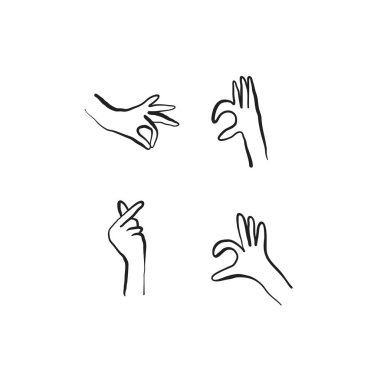 Elle çizilmiş resimlerin el yapımı koleksiyonu. Ellerin vektör illüstrasyonu. Çizgi sanatı minimalist bir tarzda. Logo tasarımı, posterler, kartlar. Vektör illüstrasyonu