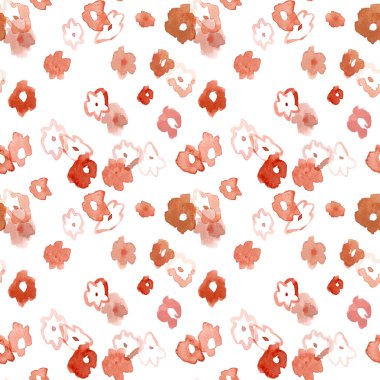 Kusursuz eski model. Küçük pembe şeftali kırmızısı çiçekler, beyaz bir arka plan. Tekstil, duvar kağıdı ve ambalaj için baskı. Yüksek kaliteli illüstrasyon