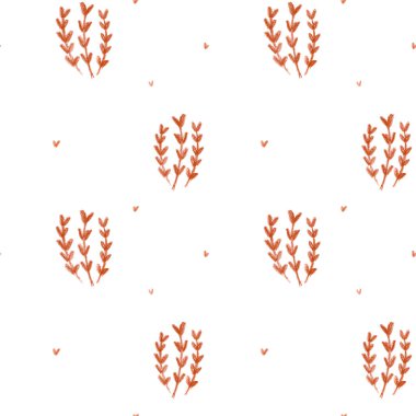 Yapraklar ve dallar kalemsiz desenle çizilmiş. Beyaz boya kalemi yaprakları, dallar ve kalpler. Yapraklı kırmızı turuncu sepia deseni. Soyut şirin bitki motifi. Yüksek kaliteli illüstrasyon