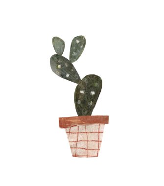 Tencerede şirin bir kaktüs. Ev yapımı bitki çizimi suluboya kalem karışımı medya. Beyaz arka planda izole edilmiş. Yüksek kaliteli illüstrasyon