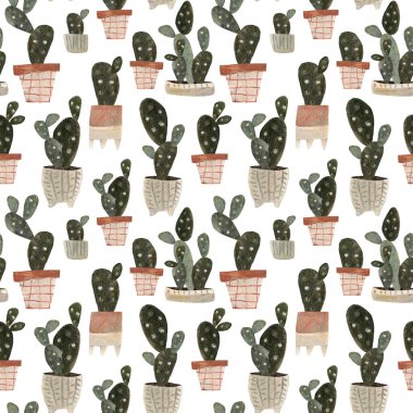 Suluboya ve kalem desenli. Kaktüs saksısı, bitki eli çizimi. Yüksek kaliteli illüstrasyon