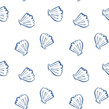 El çizimi deniz kabukları beyaz arkaplanda karalama biçiminde mavi, pürüzsüz desenler. Çizgi sanatı deniz kabuğu vektör arka planı. Vektör illüstrasyonu