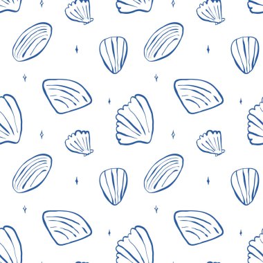 El çizimi deniz kabukları, beyaz arka planda, parlak mavi, pürüzsüz desenli deniz kabukları. Çizgi sanatı deniz kabuğu vektör arka planı. Vektör illüstrasyonu