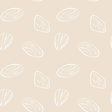 El çizimi deniz kabukları deniz tarakları bej sarısı, kumlu, pürüzsüz desenli beyaz arka planda. Çizgi sanatı deniz kabuğu vektör arka planı. Vektör illüstrasyonu