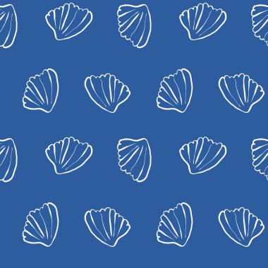 El çizimi beyaz deniz kabukları mavi arka planda karalama şekilli mavi deniz tarağı deseni. Çizgi sanatı deniz kabuğu vektör arka planı. Vektör illüstrasyonu