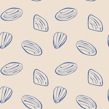 El yapımı deniz kabukları, kumlu bej arka planda, karalama biçiminde, mavi, pürüzsüz desenler. Çizgi sanatı deniz kabuğu vektör arka planı. Vektör illüstrasyonu