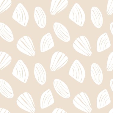 El çizimi deniz kabukları deniz tarakları bej sarısı, kumlu, pürüzsüz desenli beyaz arka planda. Çizgi sanatı deniz kabuğu vektör arka planı. Vektör illüstrasyonu