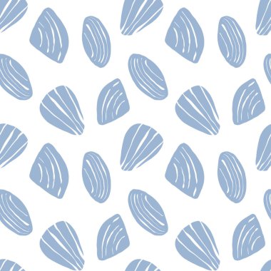 El çizimi deniz kabukları beyaz arkaplanda karalama biçiminde mavi, pürüzsüz desenler. Çizgi sanatı deniz kabuğu vektör arka planı. Vektör illüstrasyonu