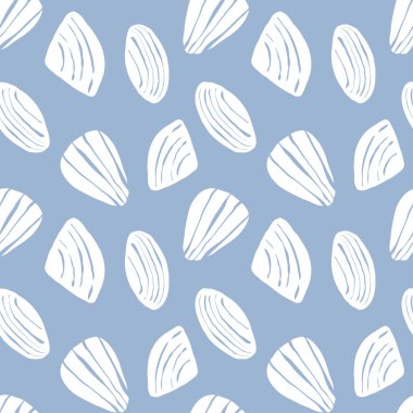 El çizimi beyaz deniz kabukları mavi arka planda karalama şekilli mavi deniz tarağı deseni. Çizgi sanatı deniz kabuğu vektör arka planı. Vektör illüstrasyonu