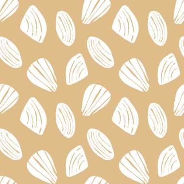 El çizimi deniz kabukları beyaz arka planda beyaz sarı kumlu, pürüzsüz desenler. Çizgi sanatı deniz kabuğu vektör arka planı. Vektör illüstrasyonu