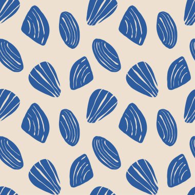 El yapımı deniz kabukları, kumlu bej arka planda, karalama biçiminde, mavi, pürüzsüz desenler. Çizgi sanatı deniz kabuğu vektör arka planı. Vektör illüstrasyonu