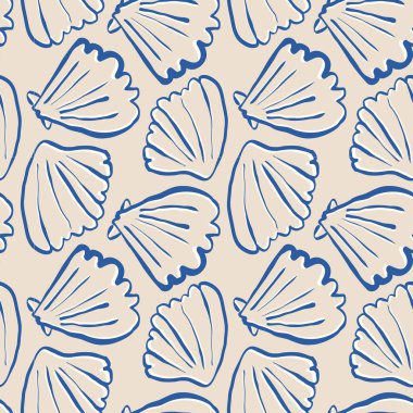 El yapımı deniz kabukları, kumlu bej arka planda, karalama biçiminde, mavi, pürüzsüz desenler. Çizgi sanatı deniz kabuğu vektör arka planı. Vektör illüstrasyonu