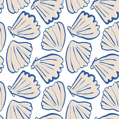 El çizimi deniz kabukları mavi bej rengi, kusursuz desenli beyaz arka planda karalama kabukları. Çizgi sanatı deniz kabuğu vektör arka planı. Vektör illüstrasyonu