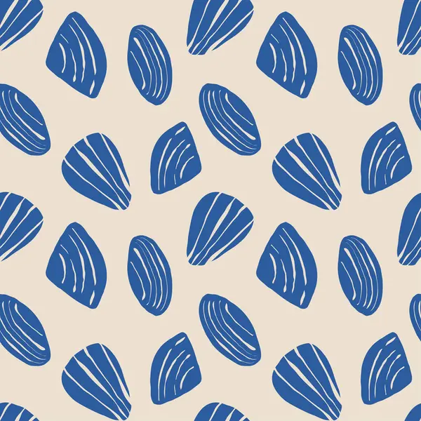 El yapımı deniz kabukları, kumlu bej arka planda, karalama biçiminde, mavi, pürüzsüz desenler. Çizgi sanatı deniz kabuğu vektör arka planı. Vektör illüstrasyonu