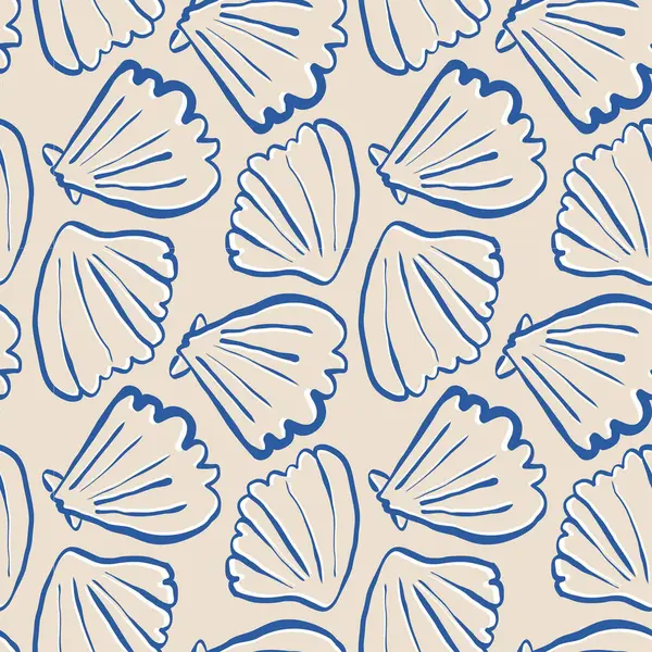 El yapımı deniz kabukları, kumlu bej arka planda, karalama biçiminde, mavi, pürüzsüz desenler. Çizgi sanatı deniz kabuğu vektör arka planı. Vektör illüstrasyonu