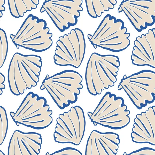 El çizimi deniz kabukları mavi bej rengi, kusursuz desenli beyaz arka planda karalama kabukları. Çizgi sanatı deniz kabuğu vektör arka planı. Vektör illüstrasyonu
